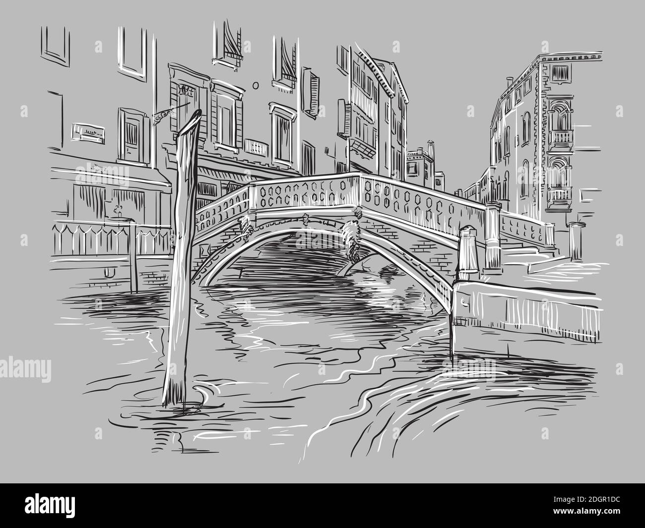 Vector hand drawing illustration of bridge on canal in Venice. Venice cityscape hand drawn sketch in monochrome colors isolated on gray background. Tr Stock Vector