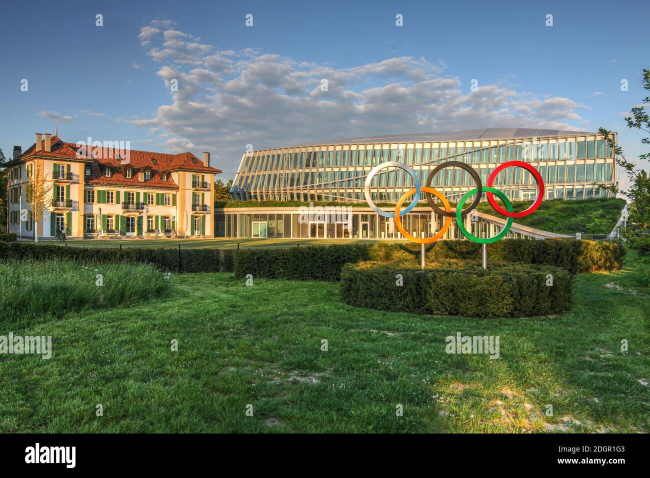 Lausanne, Switzerland - April 22, 2020 - Recently built next to the old Olympic House in the Louis-Bourget Park, the modern Olympic House acts as the Stock Photo