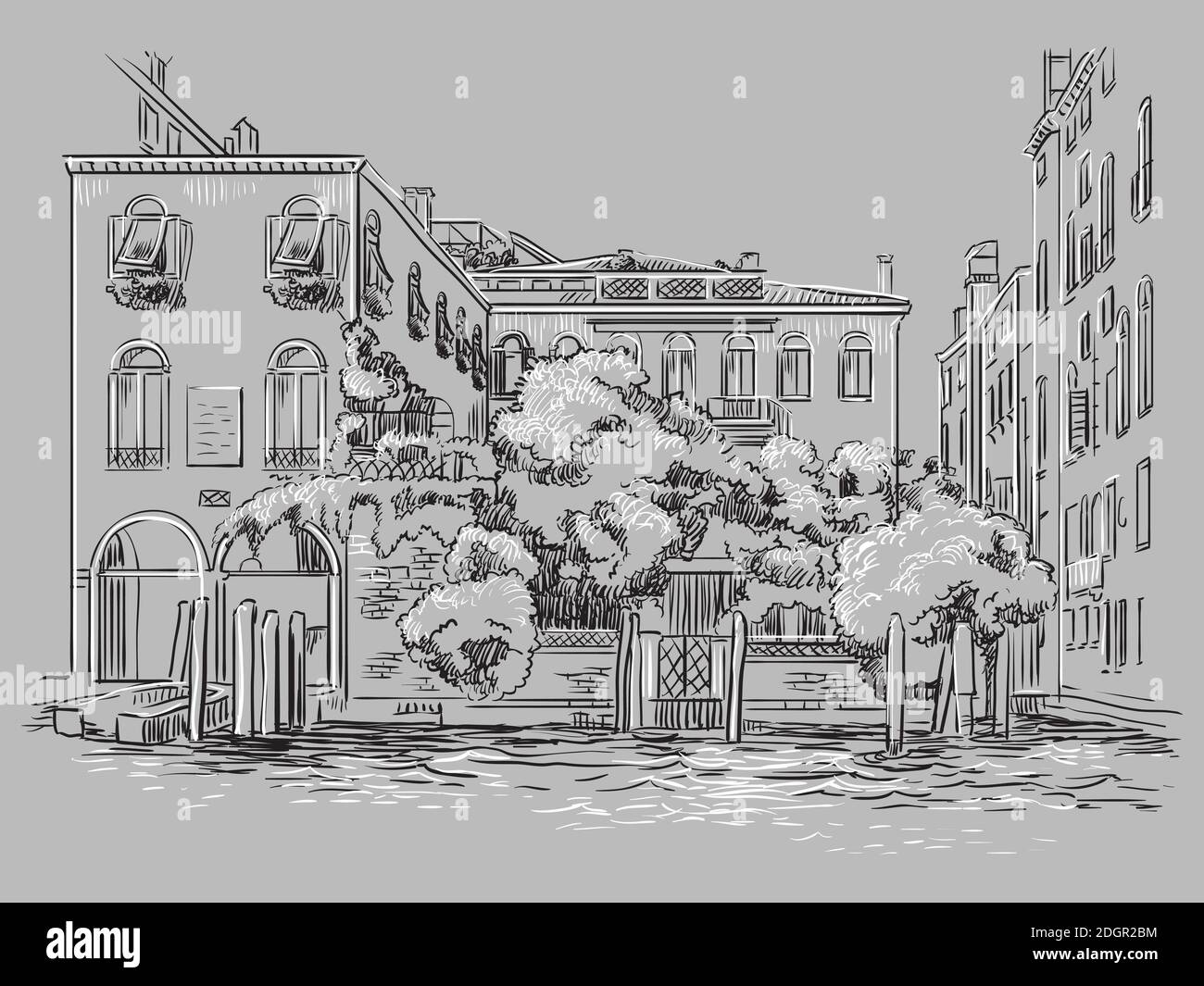 Vector hand drawing illustration of Venice. Venice cityscape hand drawn sketch in monochrome colors isolated on gray background. Travel concept. For p Stock Vector