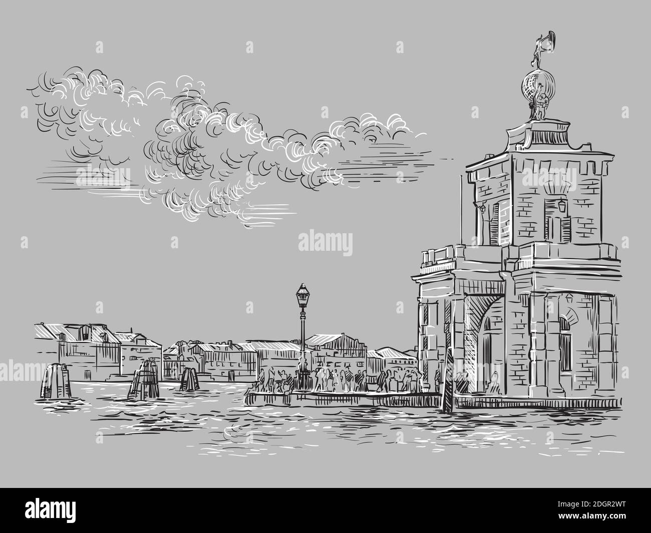 Vector hand drawing sketch illustration of Della Dogane in Venice. Venice skyline hand drawn sketch in monochrome colors isolated on gray background. Stock Vector