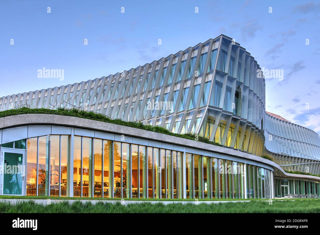 Lausanne, Switzerland - April 22, 2020 - Recently built in the Louis-Bourget Park, the landmark modern building - Olympic House - acts as the administ Stock Photo