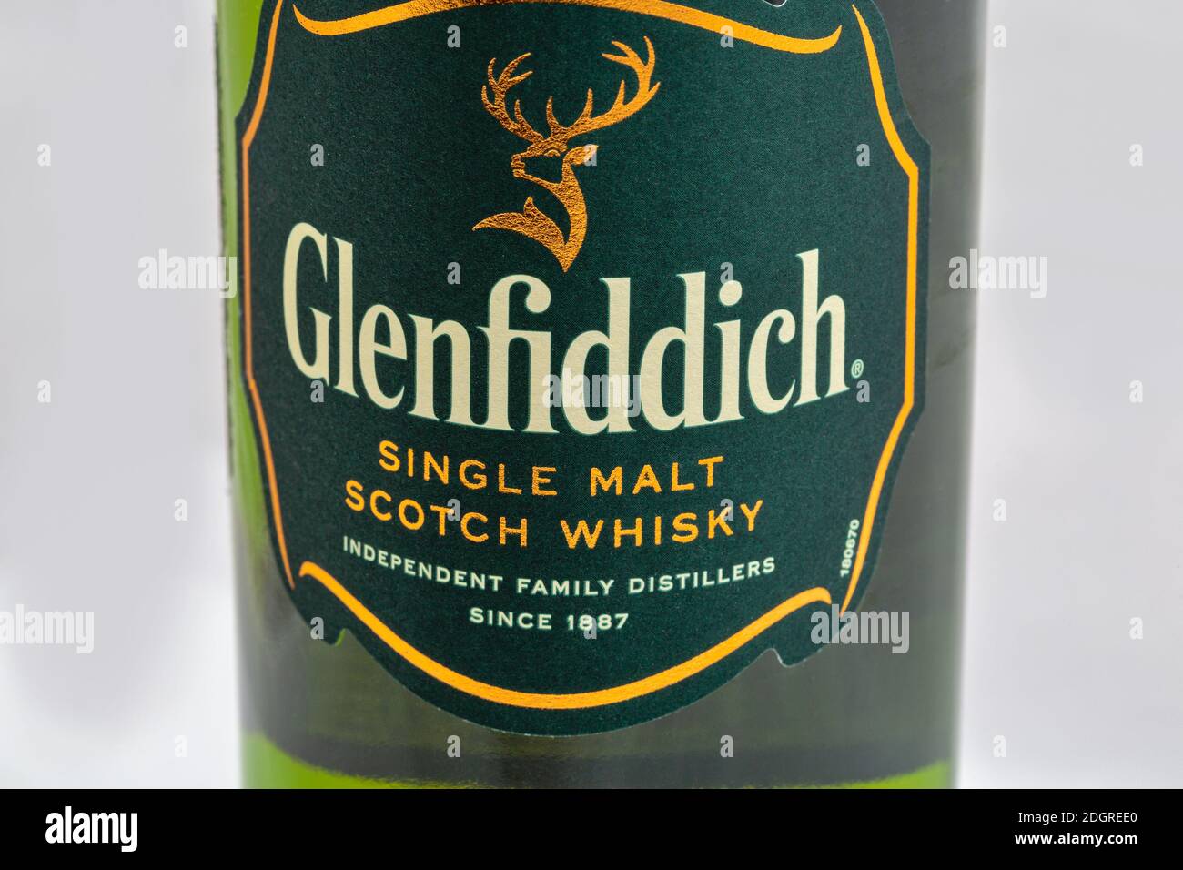 KYIV, UKRAINE - AUGUST 17, 2019: Bottle of Glenfiddich Scotch single malt  whisky closeup against white. Glenfiddich means 'Valley of the Deer' in  Gael Stock Photo - Alamy