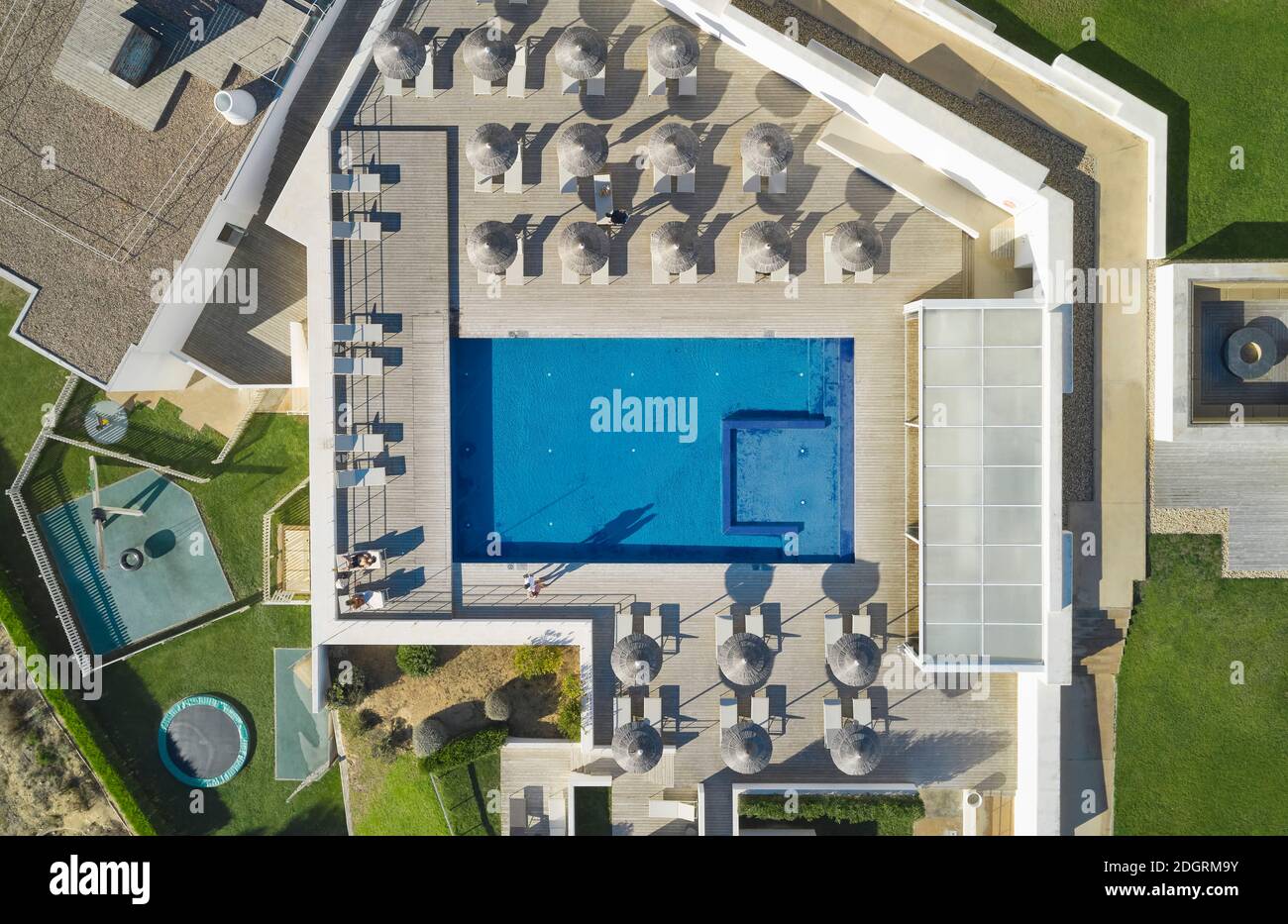 Aerial view of the contemporary design hotel Memmo Baleeira swimming pool, Sagres, Algarve, Portugal Stock Photo