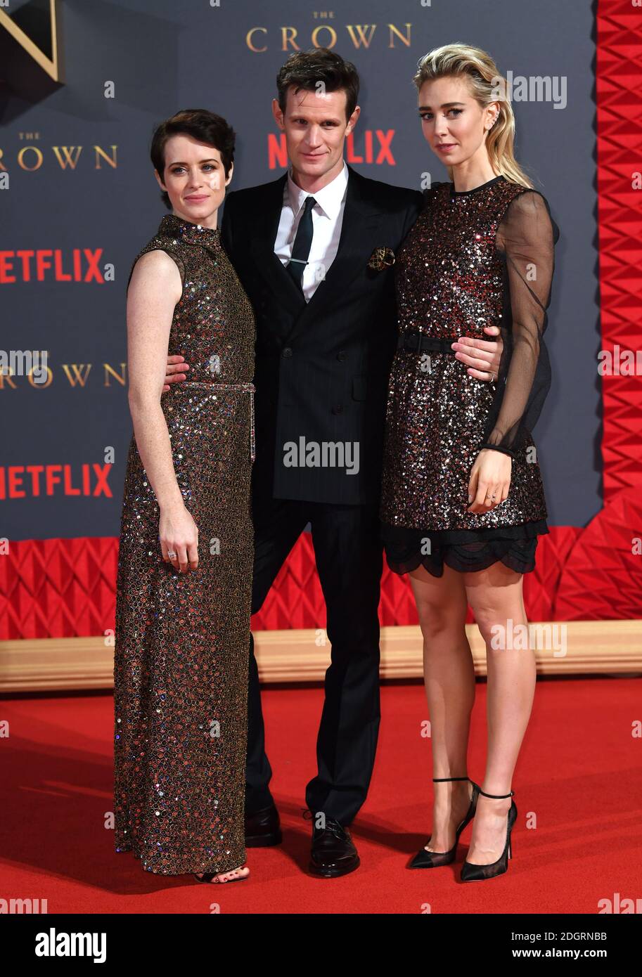 Claire Foy (left) and Matt Smith attending the season two premiere of The  Crown at the Odeon, Leicester Square, London Stock Photo - Alamy