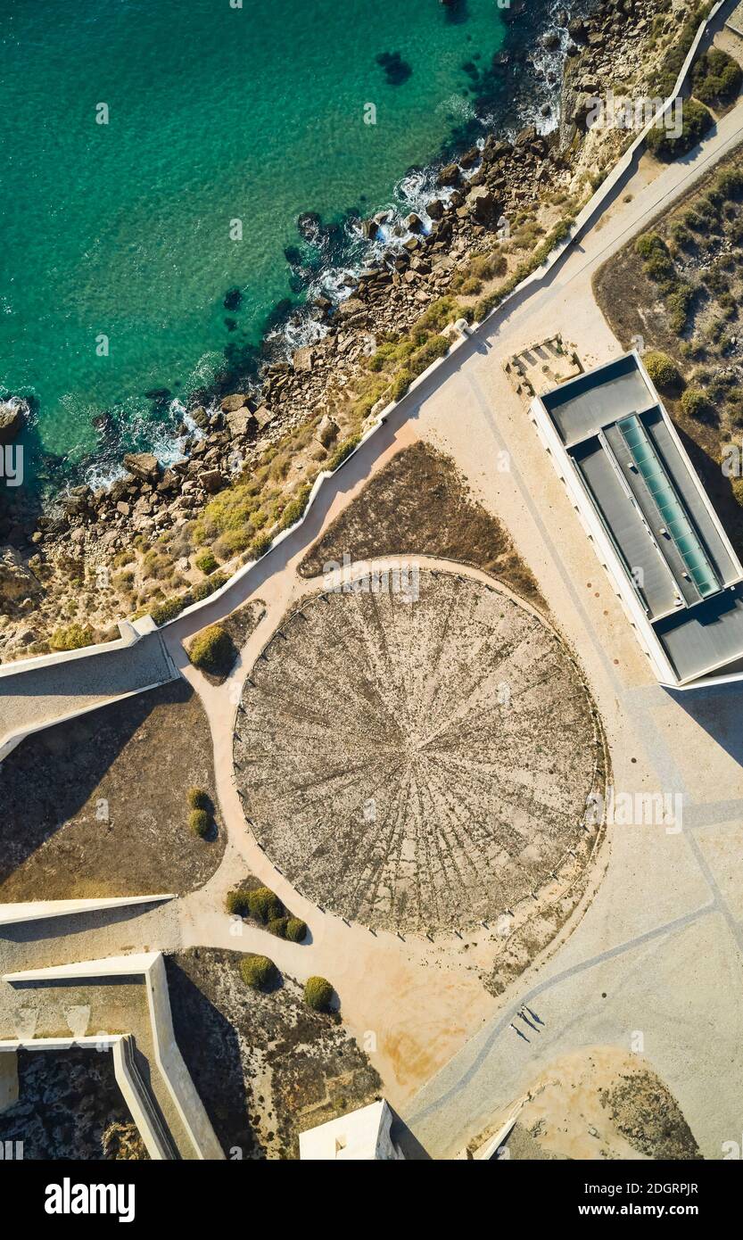 Overhead view of the 43 metere diameter Rosa dos Ventos at the Fort of Sagres, located on Portugal's most southwesterly point. Legend has it that Henr Stock Photo