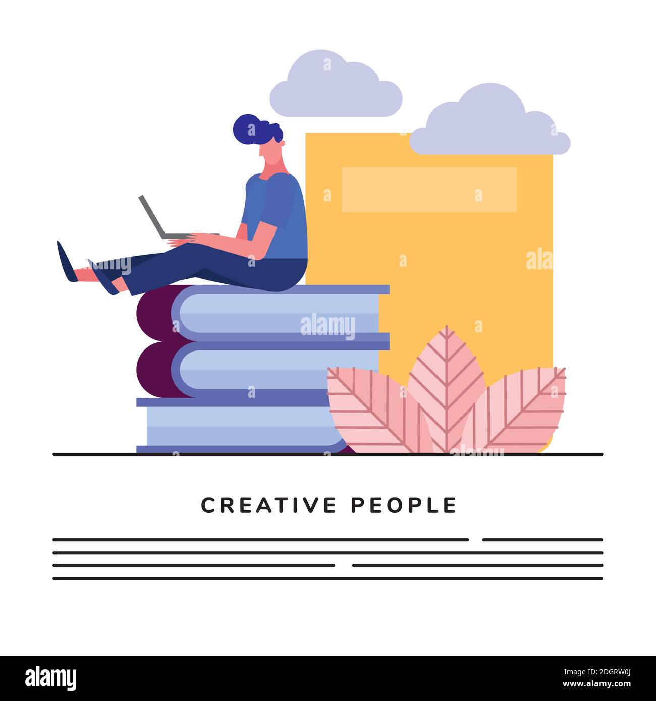 young man using laptop seated in books creative character vector illustration design Stock Vector