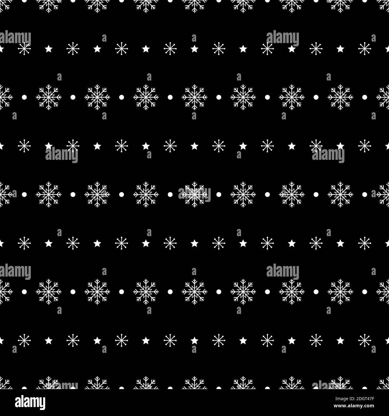 Snowflake and star seamless pattern. Snow on black background. Abstract wallpaper, wrapping decoration. Merry Christmas holiday, Happy New Year. Stock Photo