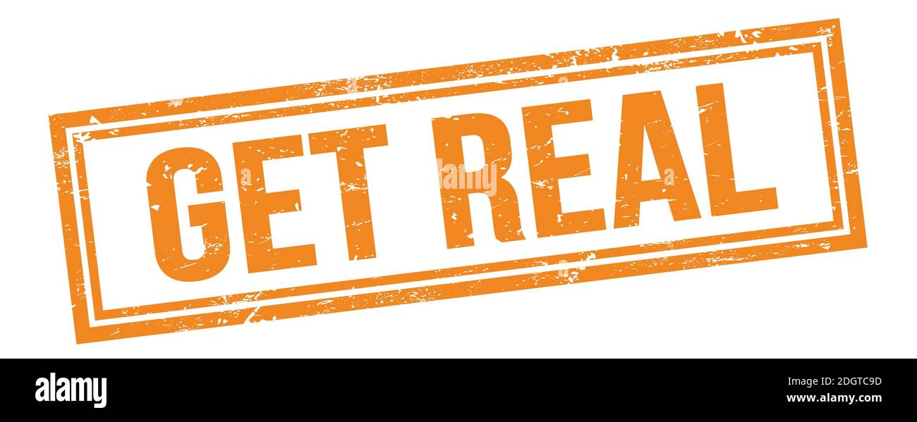 GET REAL text on orange grungy vintage rectangle stamp Stock Photo - Alamy