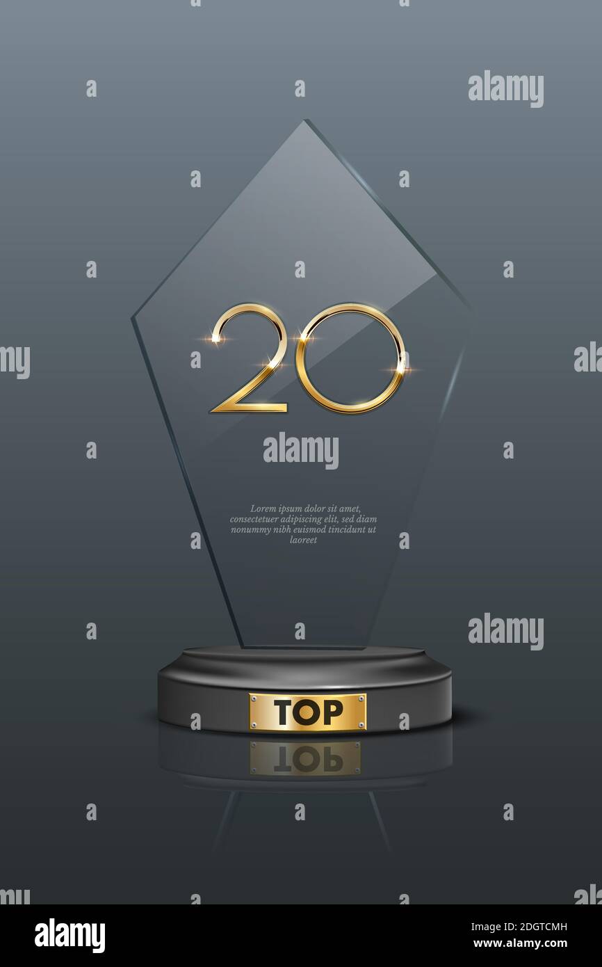 Top 20 award trophy. Glass prize with gold number twenty. Champion glory in competition vector