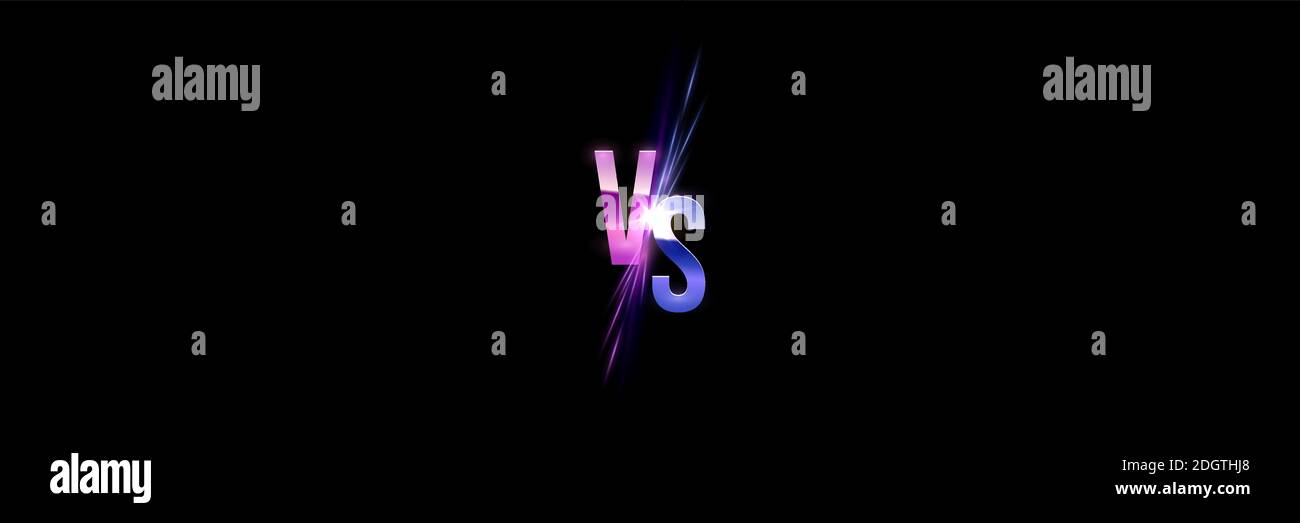 Versus VS sparkling sign on black background. Laser glowing pink and blue lines with soft light effect. Vector illustration of realistic mockup Stock Vector