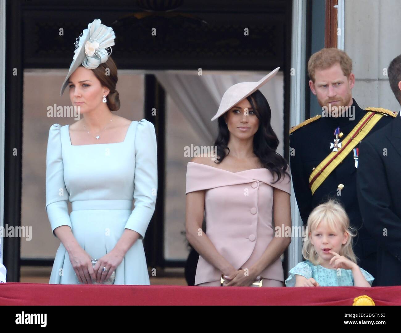 Prince Harry, Meghan Duchess of Sussex, Catherine Duchess of Cambridge on the balcony of Buckingham Palace at Trooping The Colour, London. Photo credit should read: Doug Peters/EMPICS Stock Photo