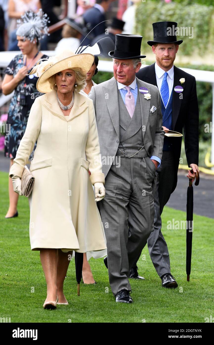 The Duchess of Cornwall, The Prince of Wales and the Duke of Sussex during day one of Royal Ascot at Ascot Racecourse Stock Photo