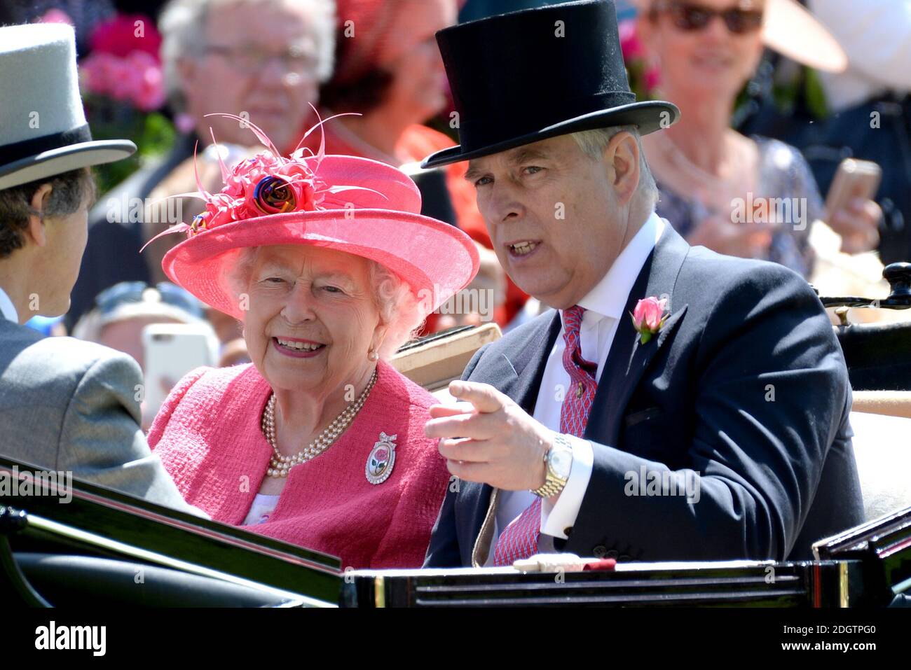 Queen Elizabeth II and Prince Andrew the Duke of York during day three of Royal Ascot at Ascot Racecourse. Photo credit should read: Doug Peters/EMPICS Entertainment Stock Photo