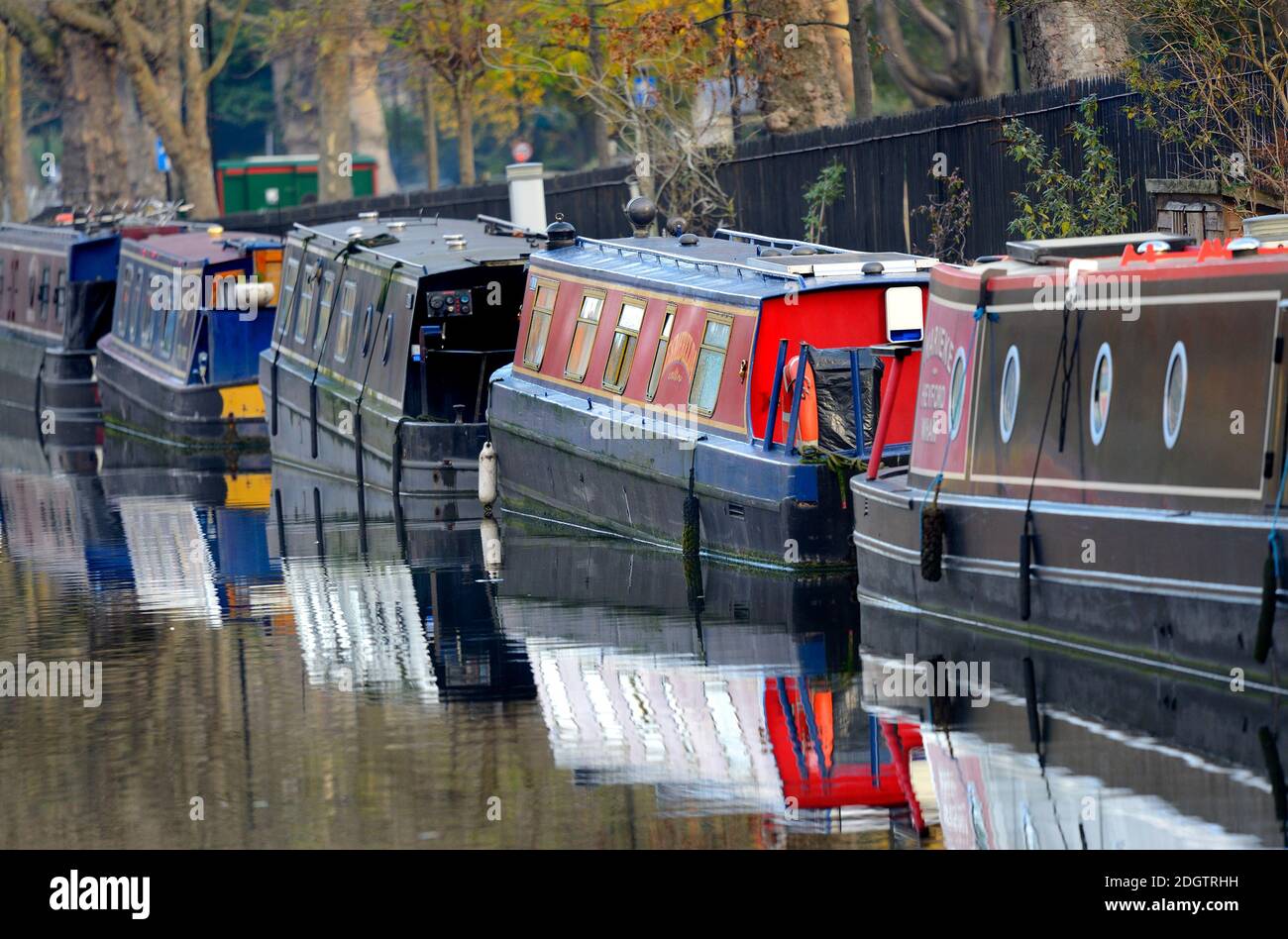 London, England, UK. 'Little Venice' near Paddington, where the Grand Union and Regent’s canals meet. Narrowboats morred at the Blomfield Road Mooring Stock Photo