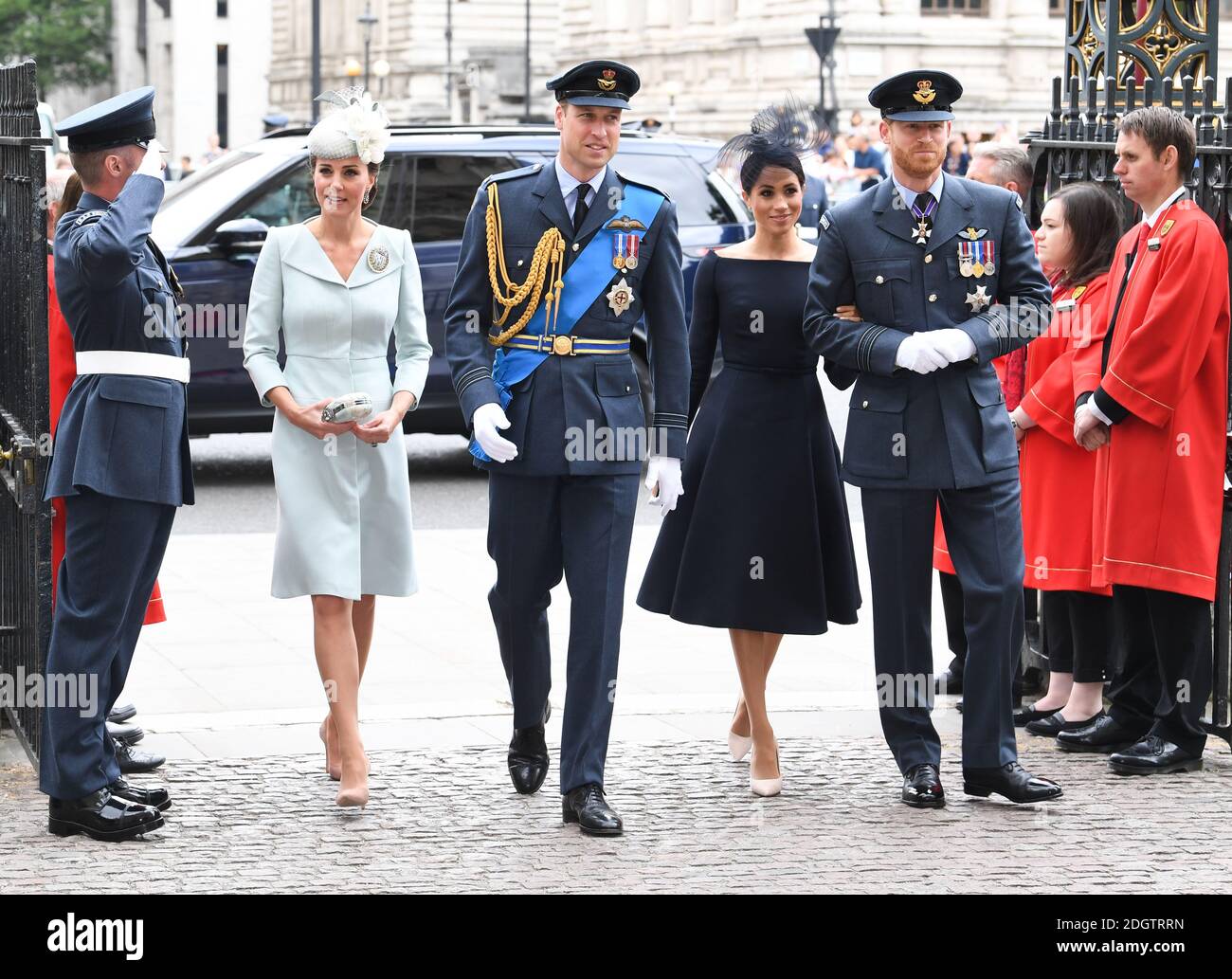 Catherine, Duchess of Cambridge (left), Prince William, Duke of Cambridge (second left), Meghan, Duchess of Sussex, and Prince Harry (right) during the RAF Centenary at Westminster Abbey, London. Photo credit should read: Doug Peters/EMPICS Stock Photo