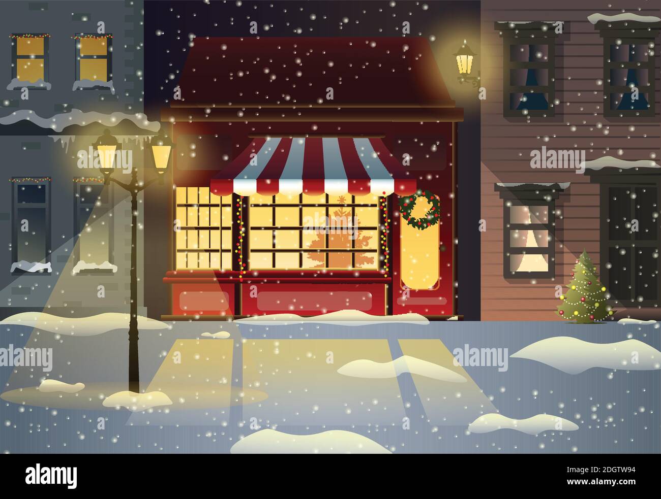 illustration winter city street with soft street lights in the night in ...