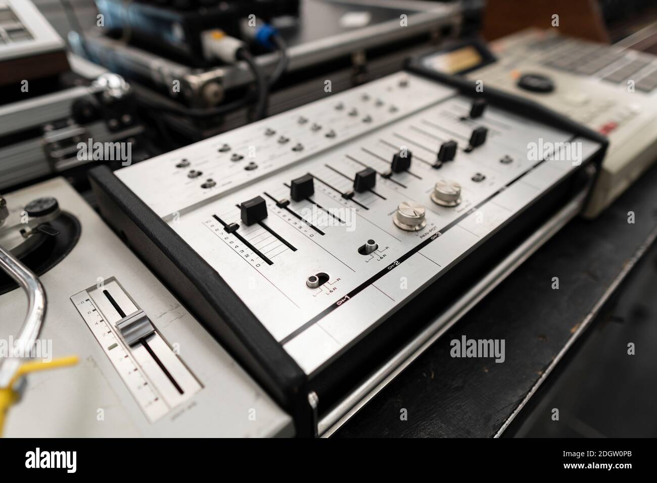 Vintage Dj setup. Sound studio audio equipment control panel Stock