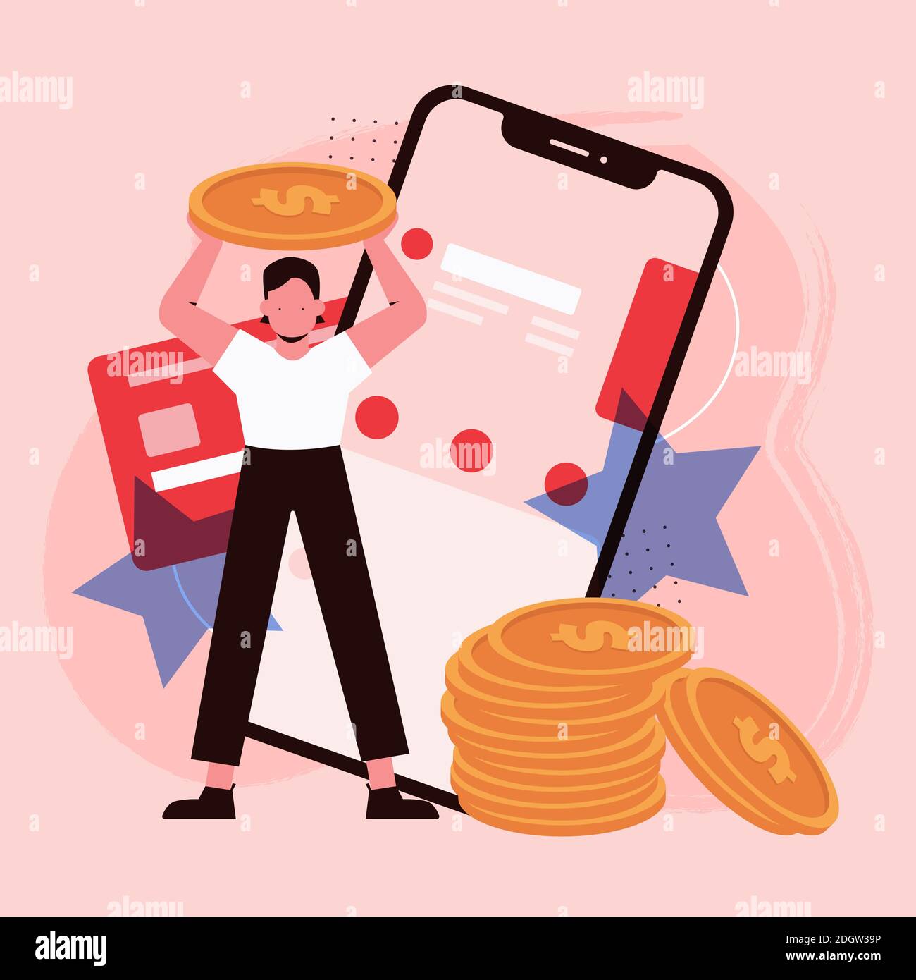 Feedback in mobile application concept vector illustration. Cartoon man customer character holding gold money coin, standing near big mobile phone screen with rating stars and credit card background Stock Vector