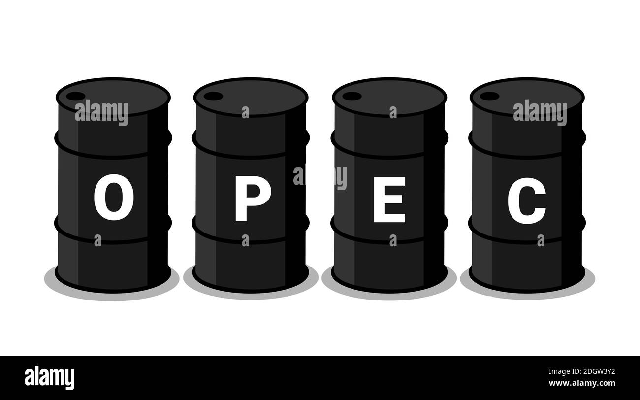 OPEC (Organization of the Petroleum Exporting Countries) - black barrels for oil. Cartel, deal and treaty between petroleum and petrol producer. Vecto Stock Photo