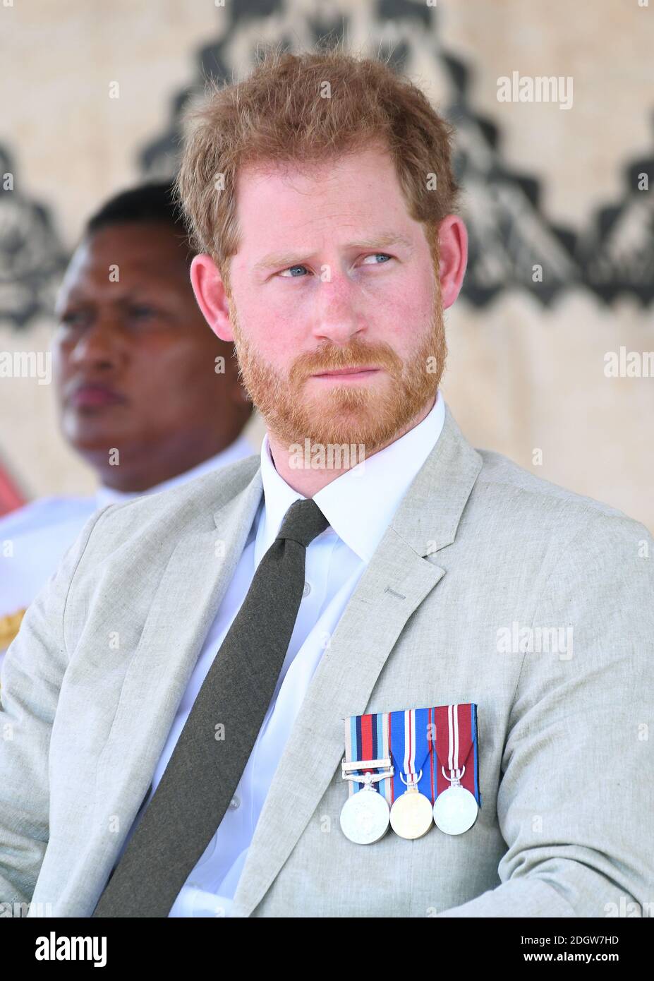 Prince Harry Duke of Sussex and Meghan Duchess of Sussex attend an official welcome ceremony to Nadi and unveiling of the Labalaba Statue at Nadi Airport, Suva, Fiji. Photo credit should read: Doug Peters/EMPICS Stock Photo