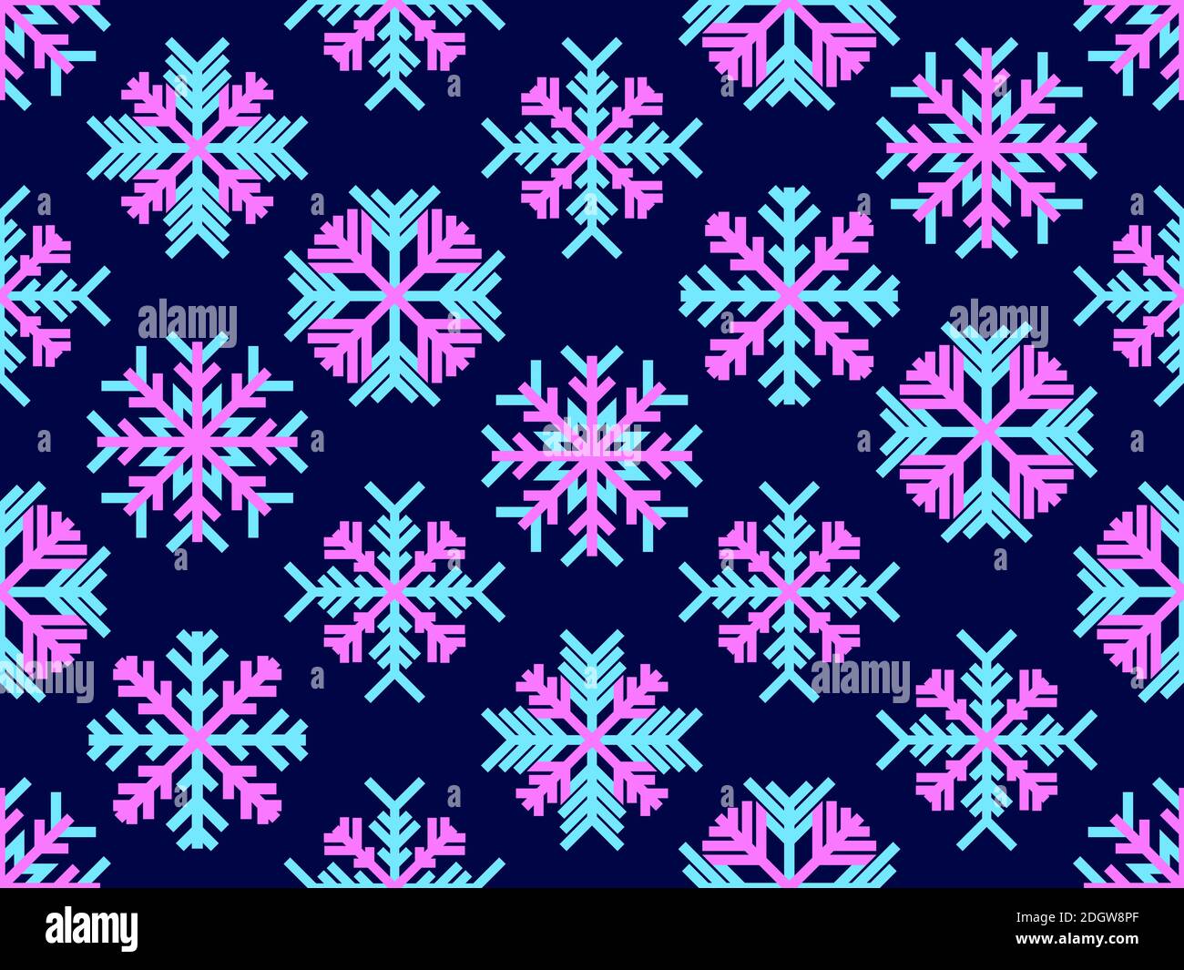 Snowflakes seamless pattern, blue and pink colors. Merry Christmas and Happy New Year background with falling snow. Flat style. Vector illustration Stock Vector
