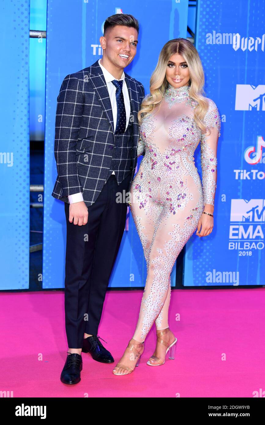 princess polly baby blue dress Sam Gowland and Chloe Ferry attending the MTV Europe Music Awards 2018 held  at the Bilbao Exhibition Centre, Spain Stock Photo