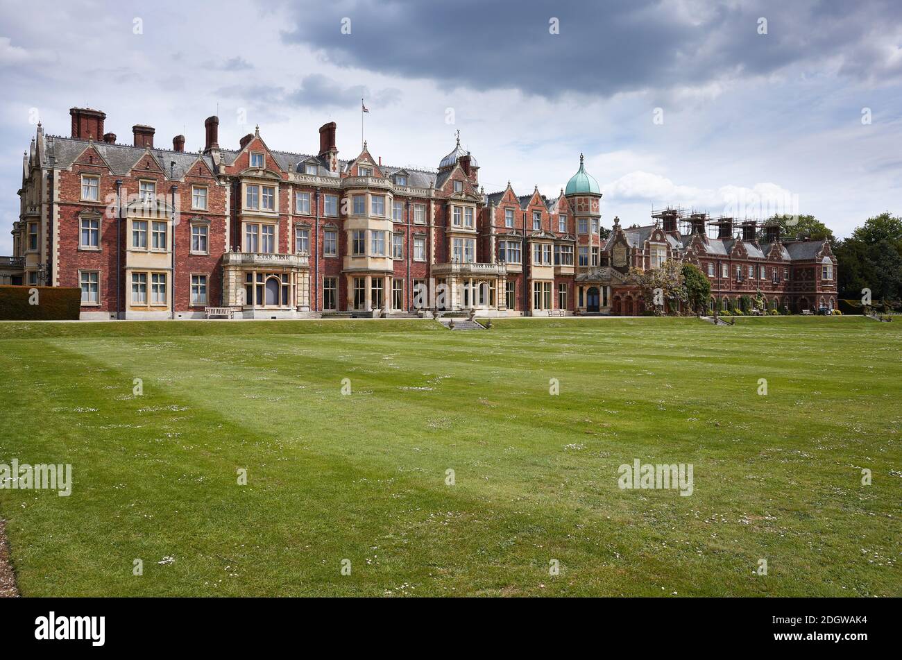 View across the front lawn at the Queen's country residence, Sandringham House, in Norfolk. Stock Photo