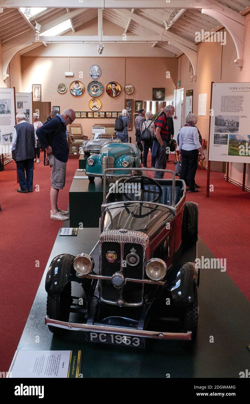 Display of replica miniature cars presented to Royal children at the Sandringham House Transport Museum. Stock Photo