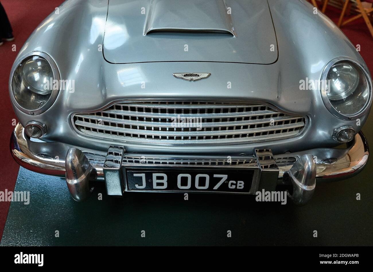 Miniature James Bond Aston Martin DB5 presented to Prince Charles as a boy - displayed at the Sandringham House Transport Museum. Stock Photo