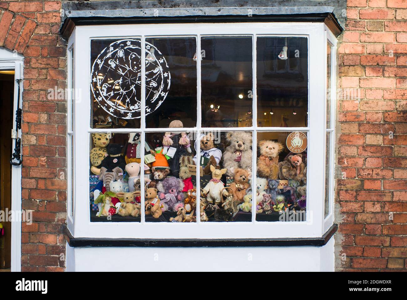 Front window display of a small retail shop in Stratford on Avon specializing in the sale of Teddy Bears in UK Stock Photo