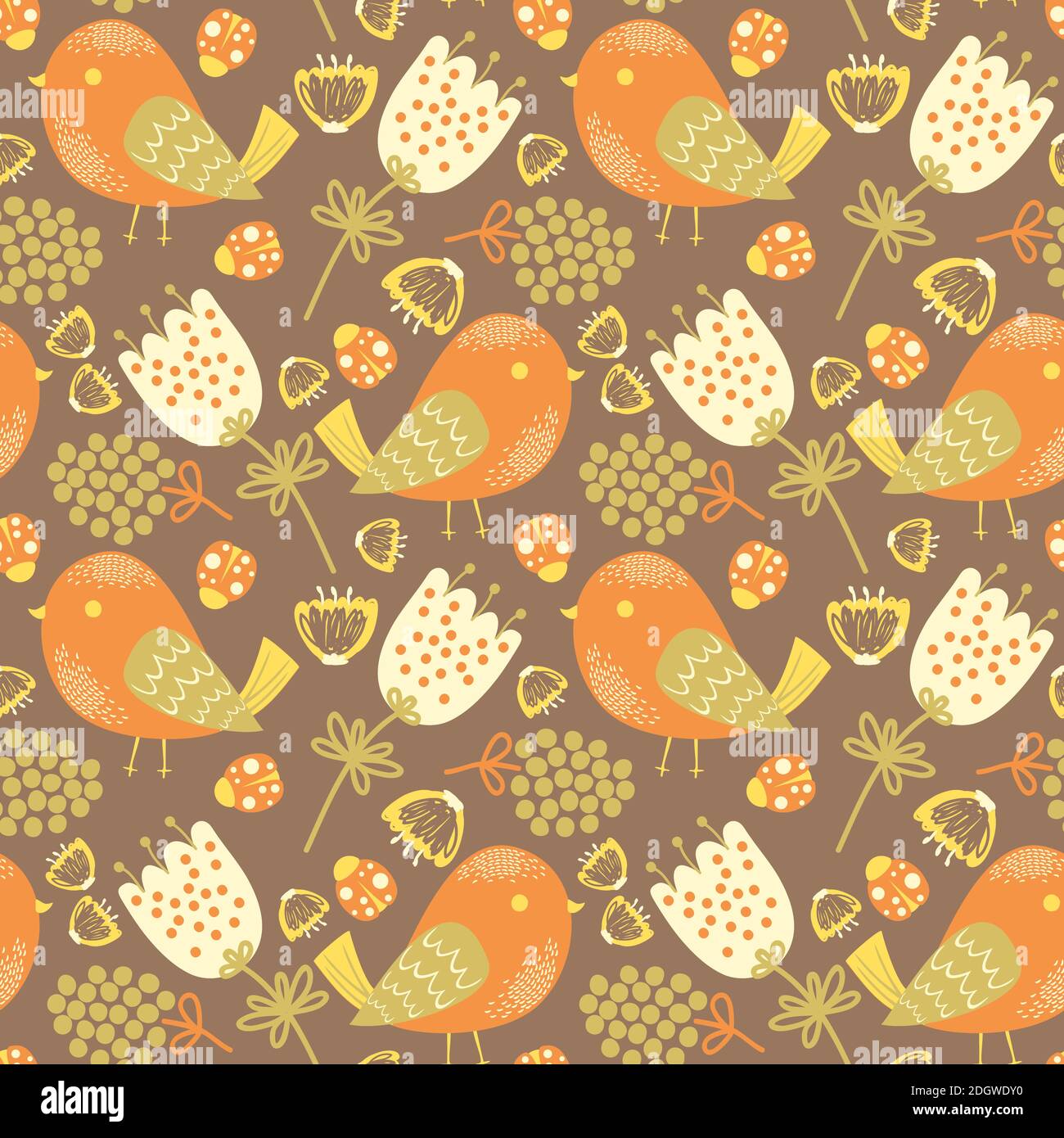 Vector Seamless pattern with birds, flowers and ladybugs Stock Vector