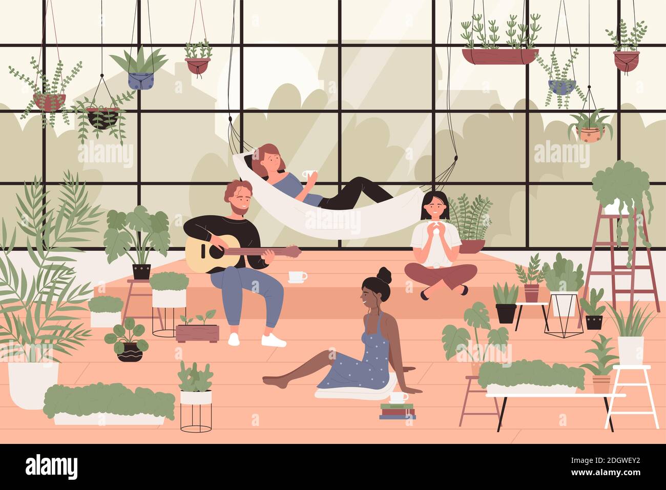 People in greenhouse home garden vector illustration. Cartoon young man woman friends characters spend time together in green house interior with potted houseplants in pots, botanical hobby background Stock Vector