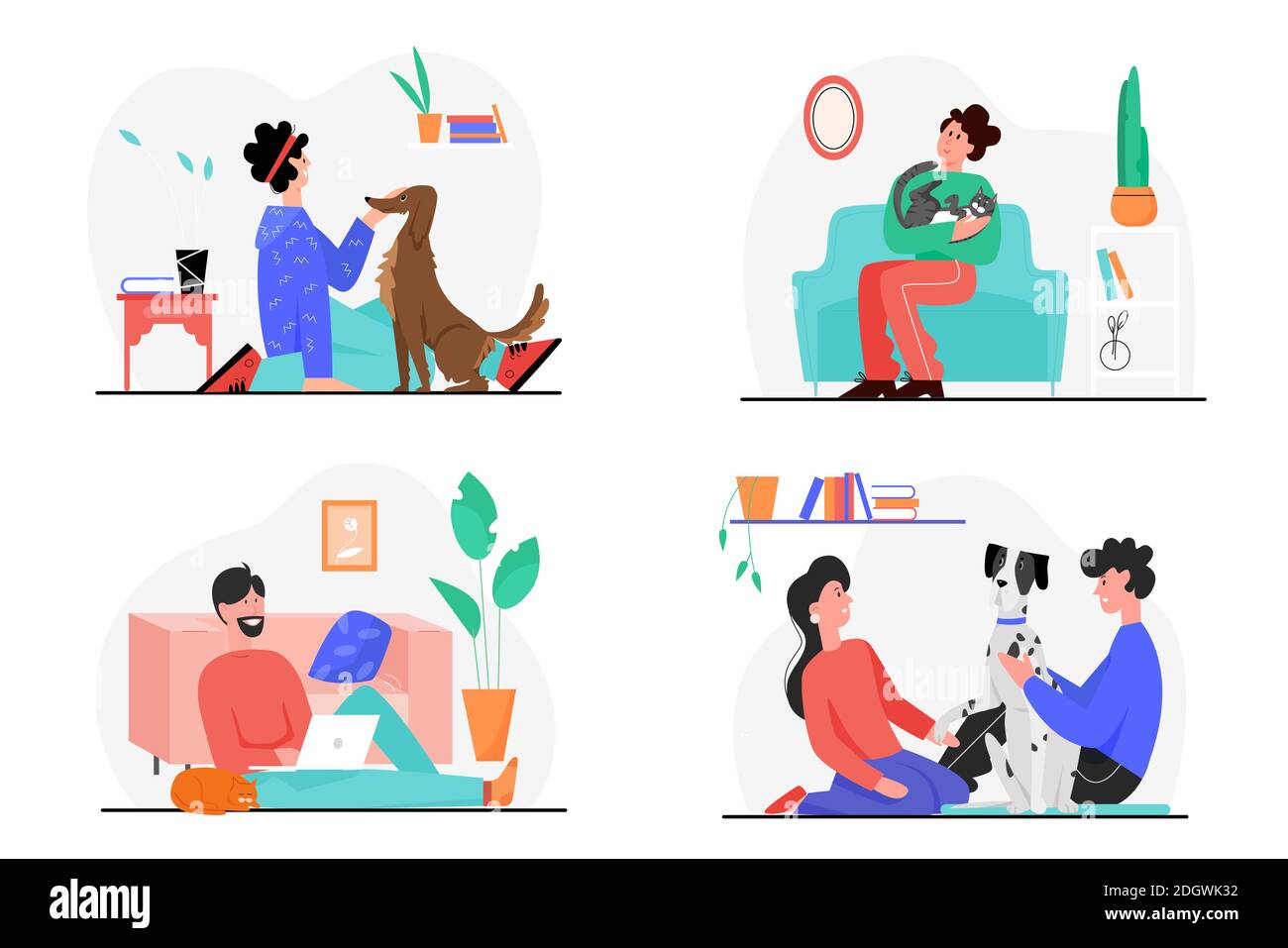 People owner love and care own pets vector illustration set. Cartoon man woman characters sitting on floor or comfortable home sofa hugging and loving dog or cat domestic animal isolated on white Stock Vector