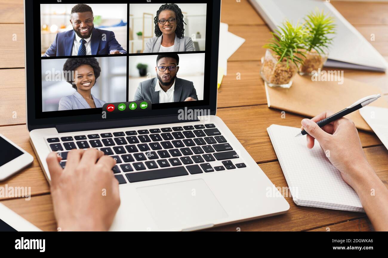 Video conferencing, work remotely, online meeting. Man and browser window  with video calling. 3d render Stock Photo - Alamy