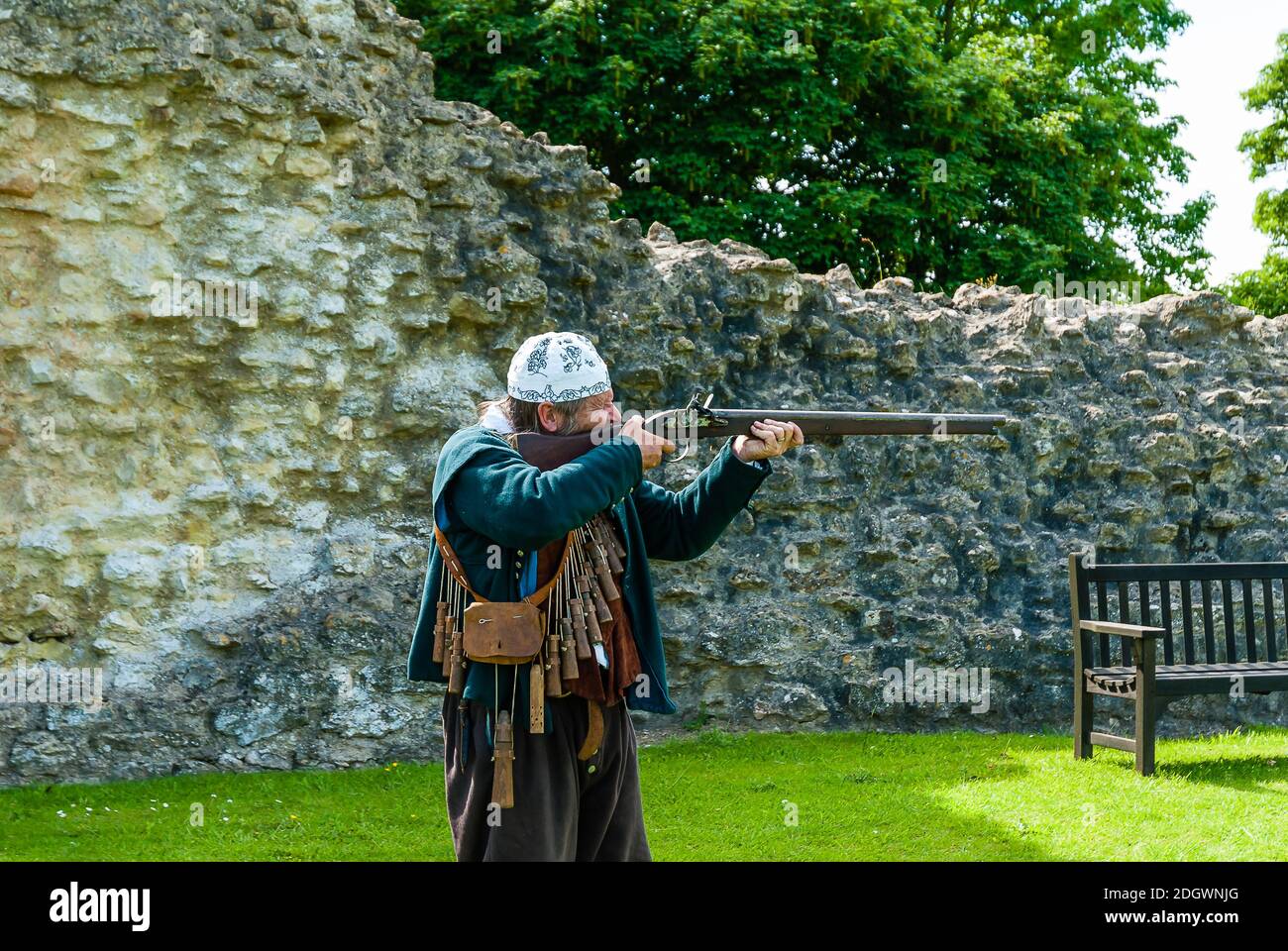 Taking Aim!  A Costume Display at the Old Castle at Sherborne. Stock Photo