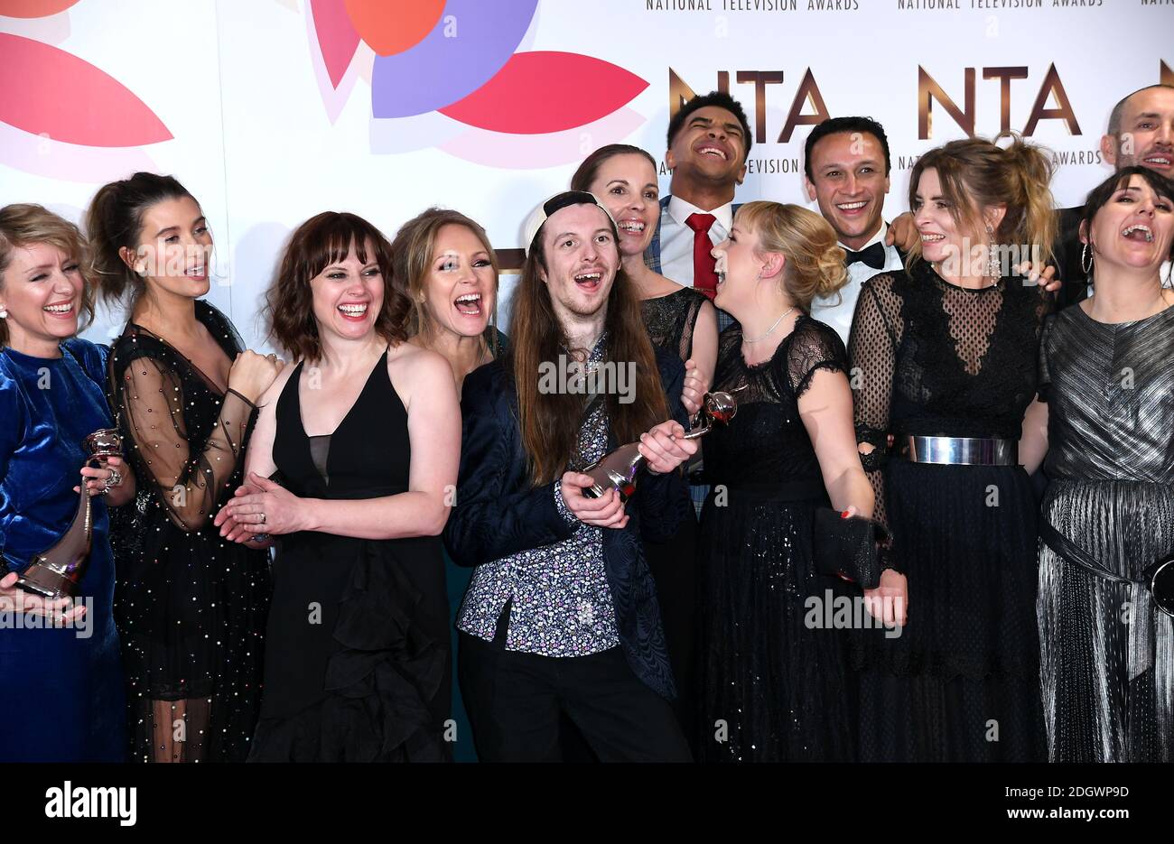 The cast of Emmerdale with the award for best Serial Drama in the Press Room at the National Television Awards 2019 held at the O2 Arena, London. Photo credit should read: Doug Peters/EMPICS Stock Photo