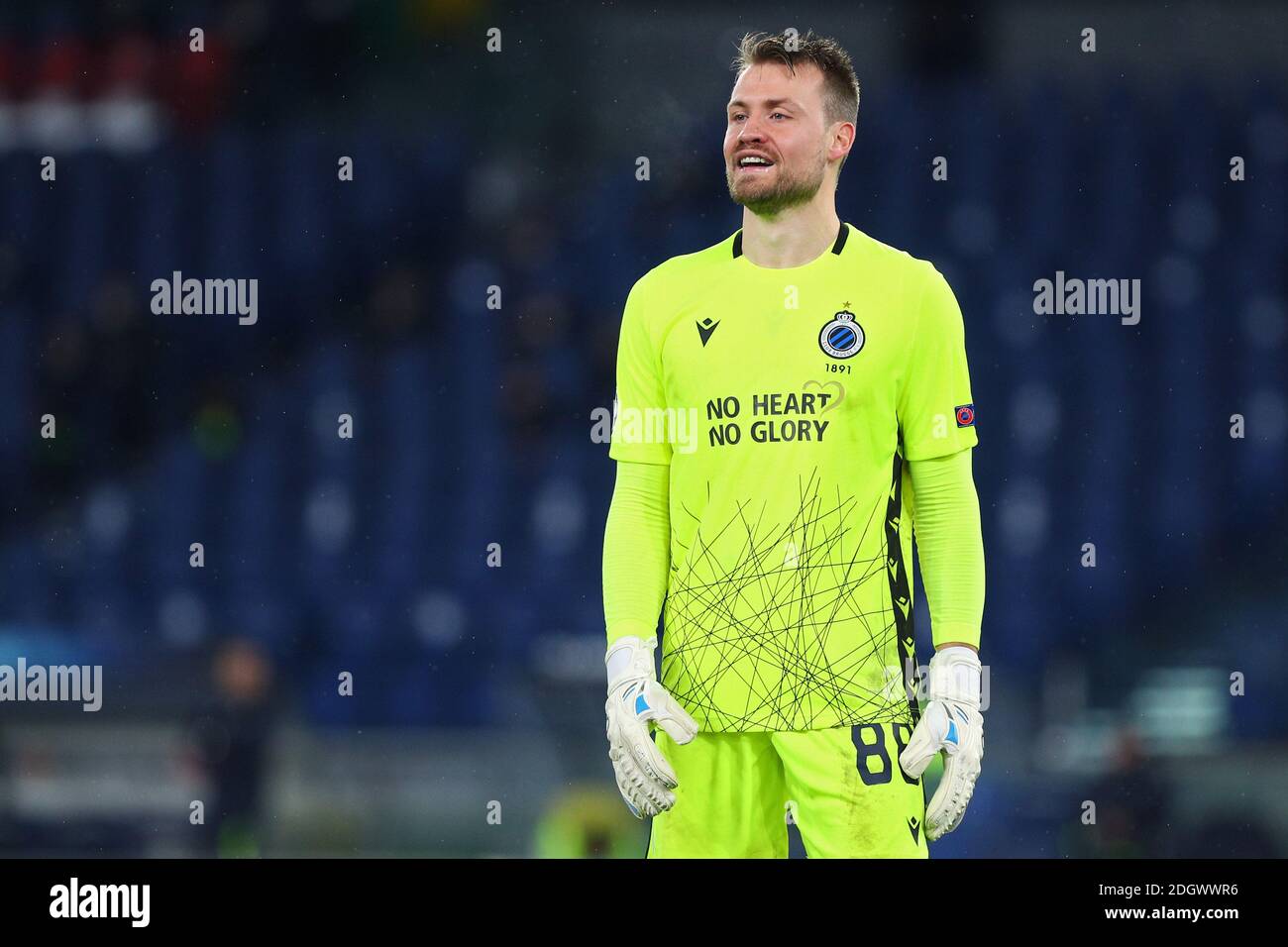 Rome, Italy. 8th Dec 2020. Club Brugge goalkeeper Simon Mignolet reacts during the UEFA Champions League, Group F football match between SS Lazio and Club Brugge KV on December 8, 2020 at Stadio Olimpico in Rome, Italy - Photo Federico Proietti / DPPI / LM Credit: Paola Benini/Alamy Live News Stock Photo