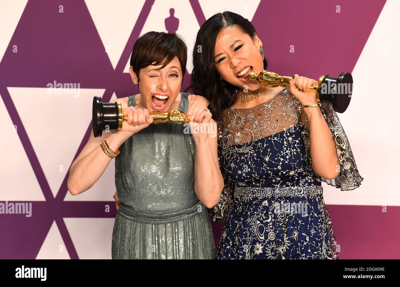 Becky Neiman-Cobb (left) and Domee She with the award for best short film (animated) for Bao in the press room at the 91st Academy Awards held at the Dolby Theatre in Hollywood, Los Angeles, USA Stock Photo