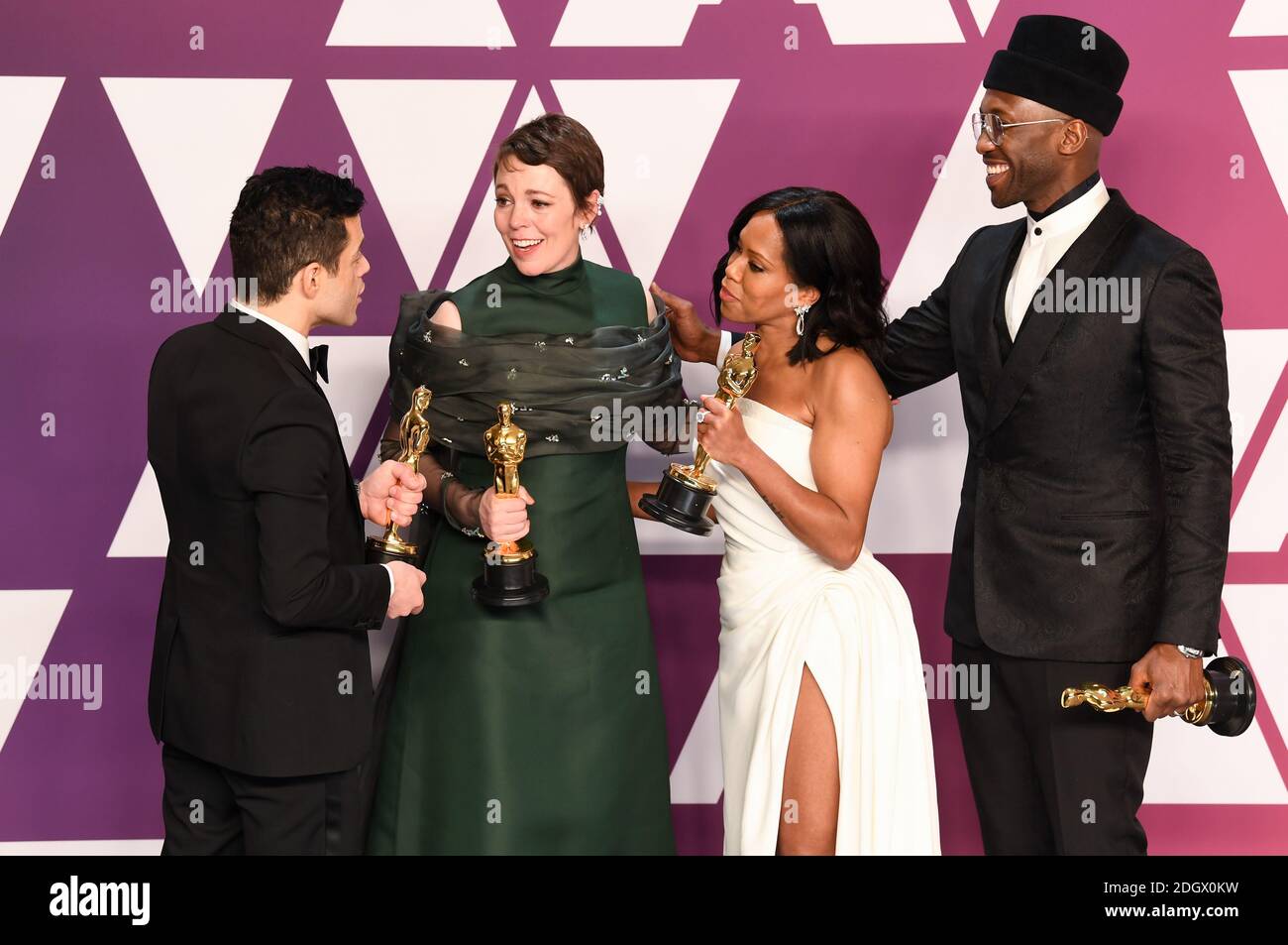 Rami Malek, winner of Best Actor for 'Bohemian Rhapsody'; Olivia Colman, winner of Best Actress for 'The Favourite'; Regina King, winner of Best Supporting Actress for 'If Beale Street Could Talk'; and Mahershala Ali, winner of Best Supporting Actor for 'Green Book' in the press room at the 91st Academy Awards held at the Dolby Theatre in Hollywood, Los Angeles, USA. Photo credit should read: Doug Peters/EMPICS. Stock Photo