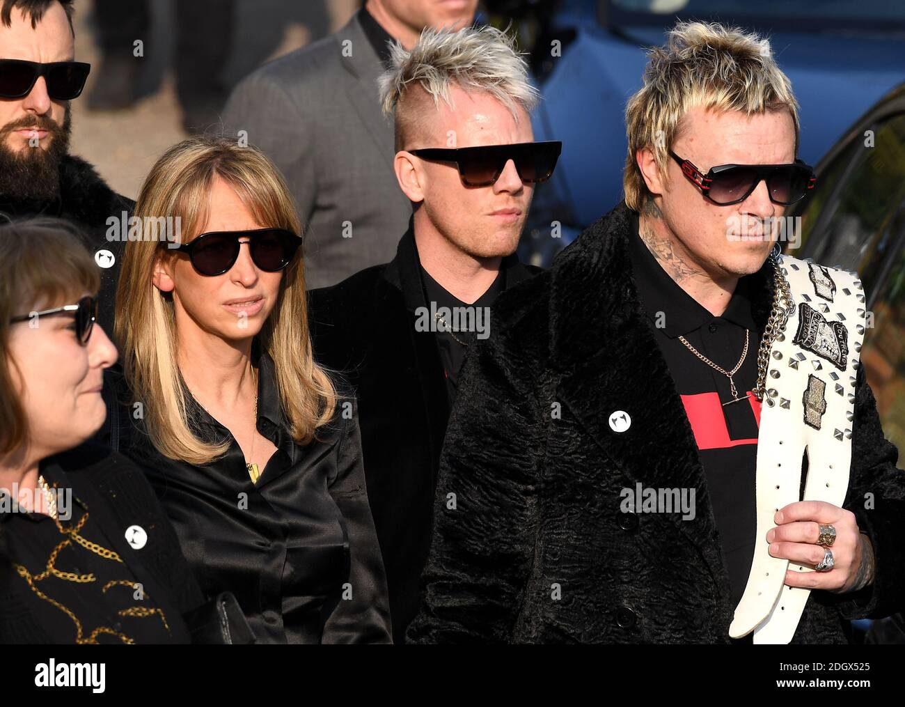 Liam Howlett (right) and Natalie Appleton during the funeral and procession to honour the memory of The Prodigy's Keith Flint, in Essex. Photo credit should read: Doug Peters/EMPICS Stock Photo