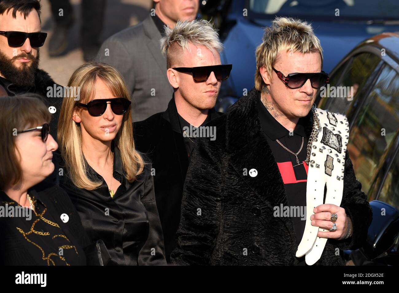 Liam Howlett (right) and Natalie Appleton during the funeral and procession to honour the memory of The Prodigy's Keith Flint, in Essex. Photo credit should read: Doug Peters/EMPICS Stock Photo