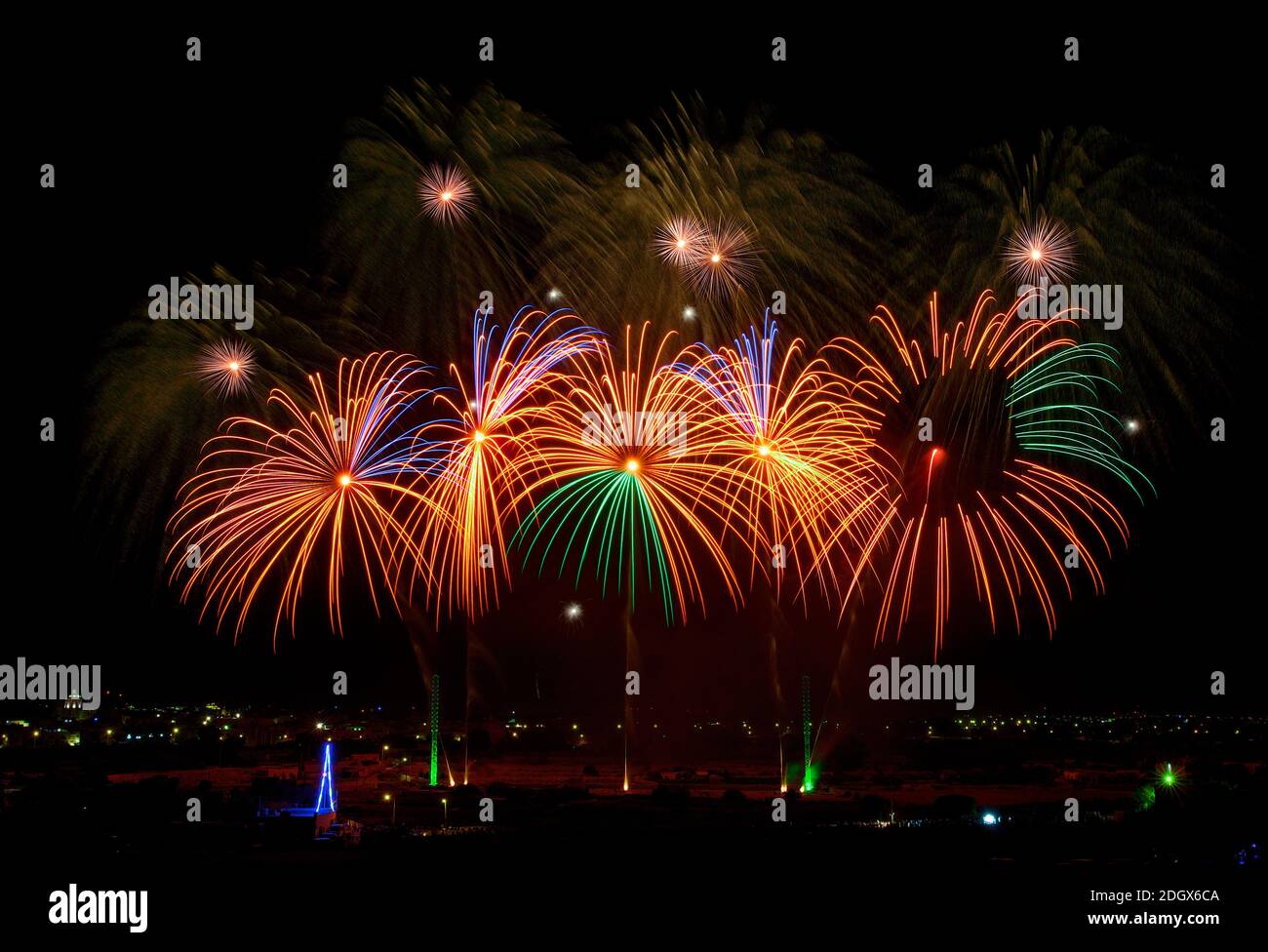 White fireworks explode, lines, isolated in dark sky background Stock Photo