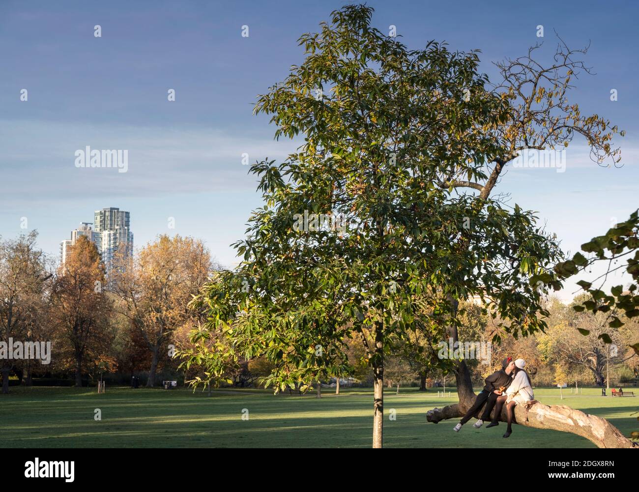 A young couple in love kissing, outdoors, public park Stock Photo