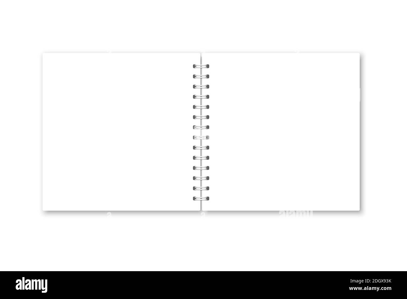 Vector realistic opened notebook cover. Square white metallic spiral