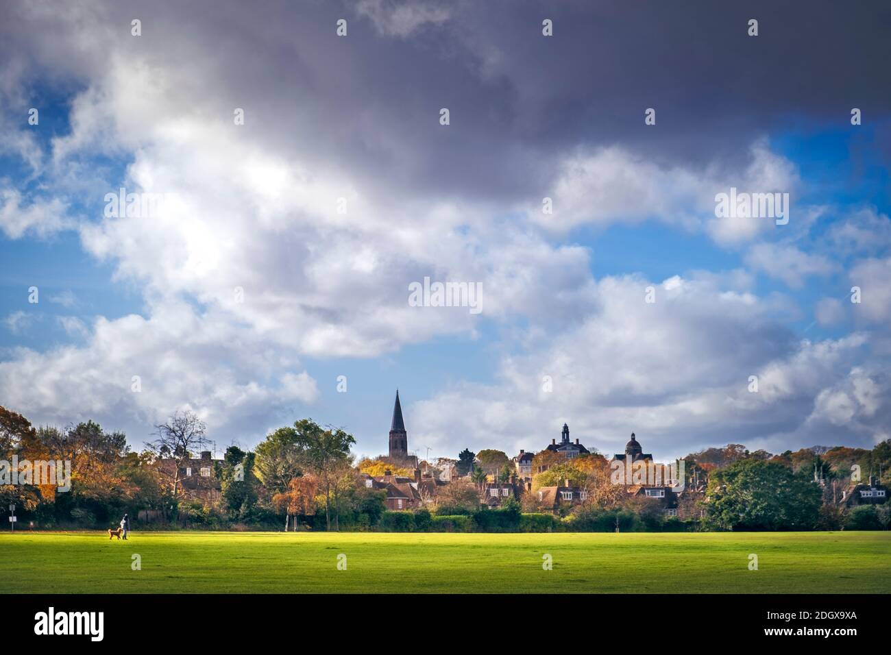 London, Barnet, Hampstead Garden Suburb skyline, St Jude's church spire, Henrietta Barnet school, Free church cupola, parkland & residential housing Stock Photo