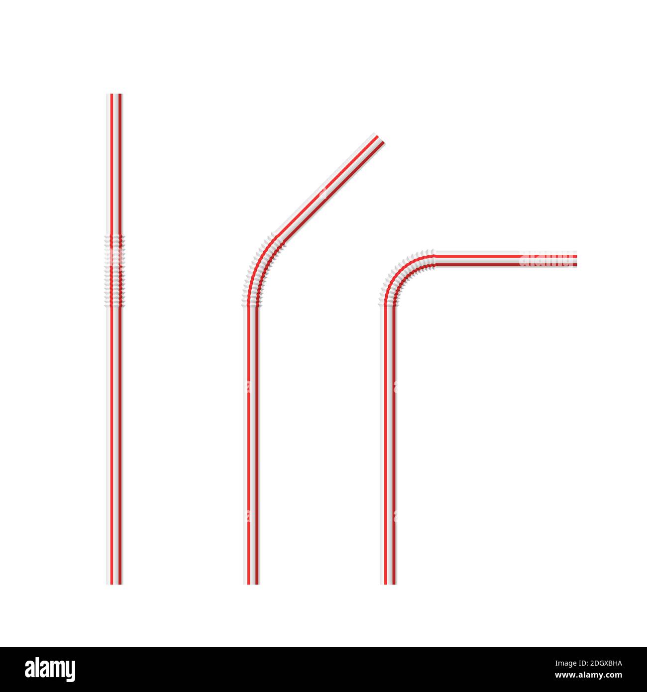 Vector realistic drinking straws striped for milk drinks, cocktails or alcohol. Set of white-red drinking straws isolated with various bends. Template Stock Vector