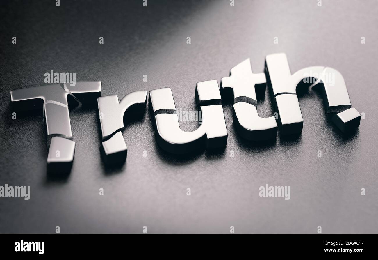 3D illustration of the word truth broken over black background. Concept of disinformation and fake news. Stock Photo