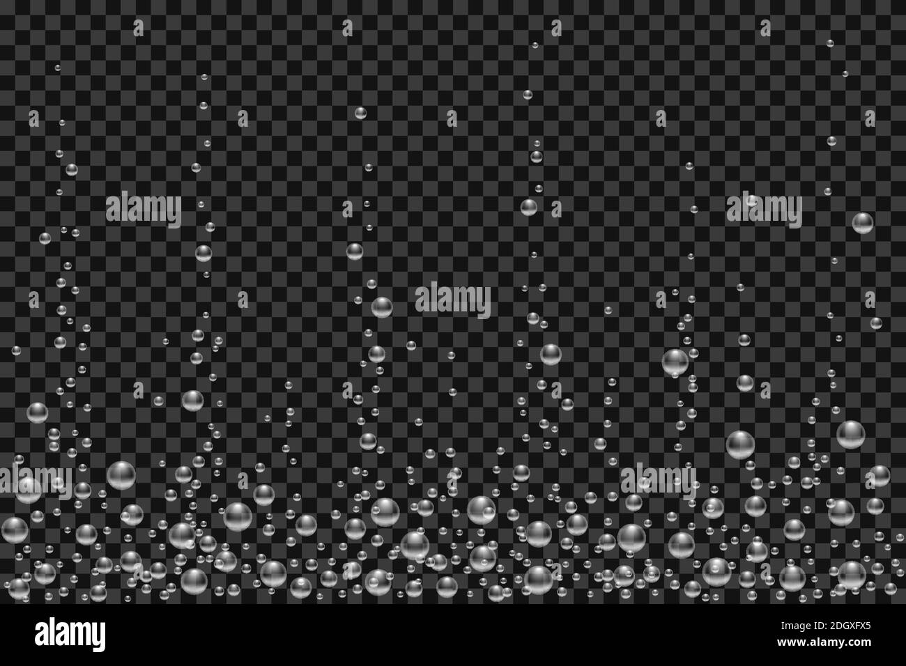 Vector underwater air bubbles texture isolated on black transparent background. White fizzing bubbles in aquarium, champagne or effervescent drink. 3d Stock Vector