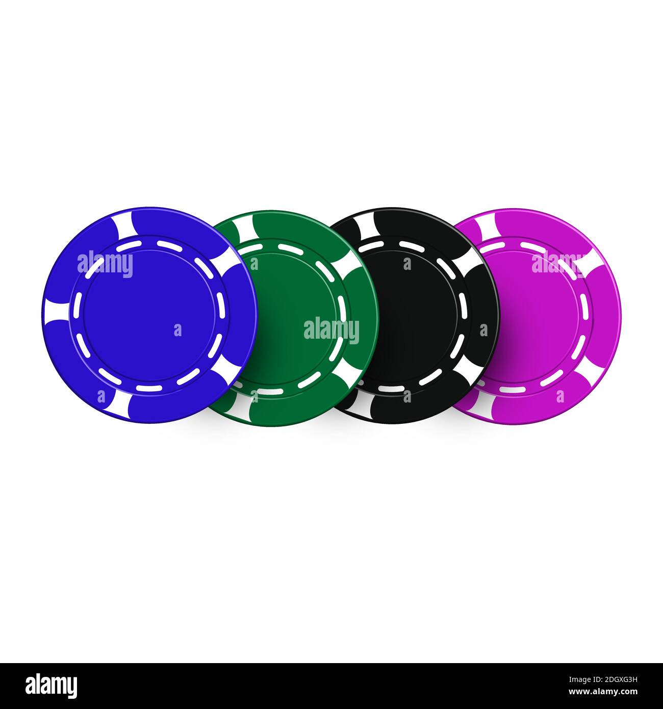 Various casino chips, isolated on white background. The color indicates the denomination in