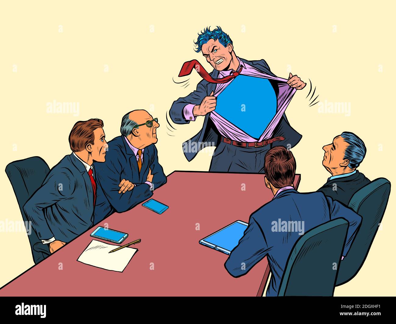businessman superhero at a work meeting. Business success. Cool presentation of the project Stock Vector